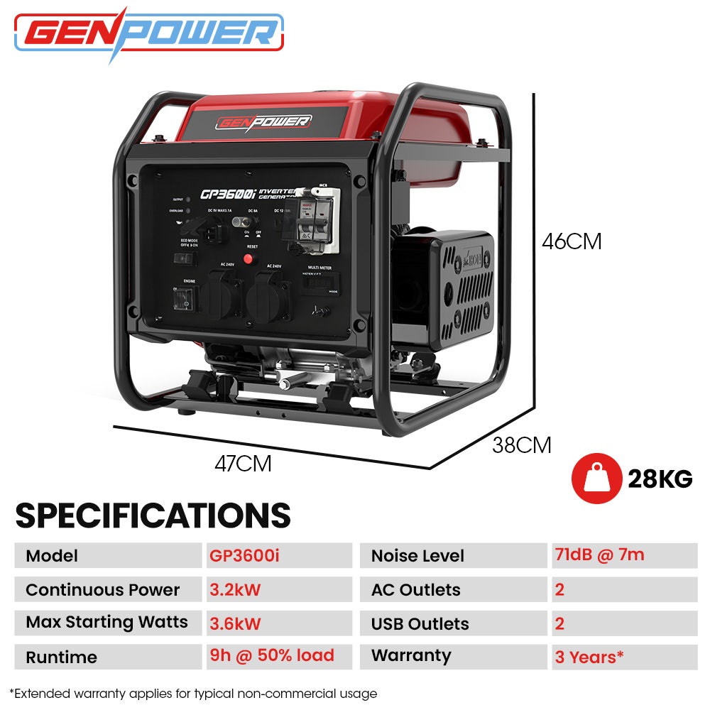 GP3600i 3.6kW Portable Inverter Generator 11L Tank Dual USB