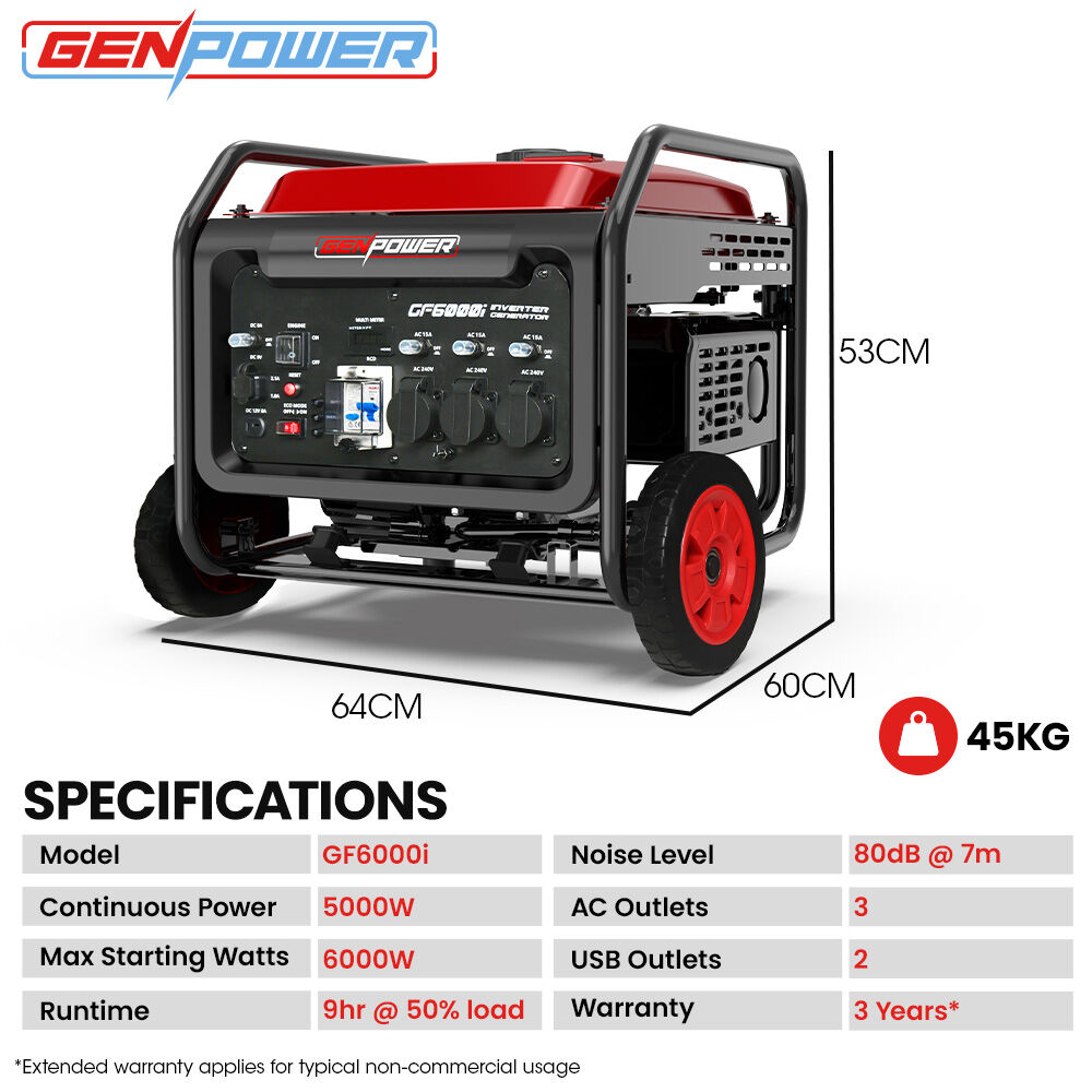 GF6000i 6kW Open Frame Inverter Generator Portable 15L Tank Wheels RCD