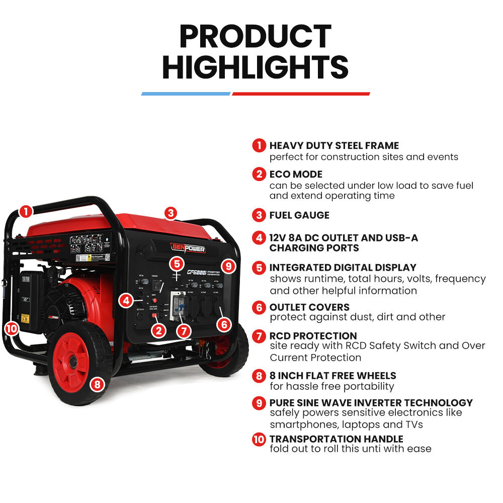 GF6000i 6kW Open Frame Inverter Generator Portable 15L Tank Wheels RCD