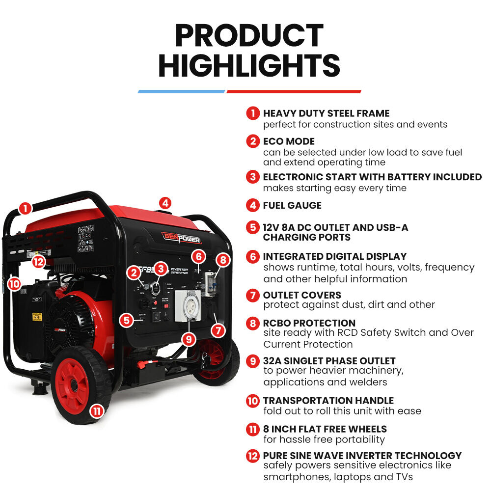 GF8500ie 8.5kW Inverter Generator Push-Button Start Portable 20L Tank
