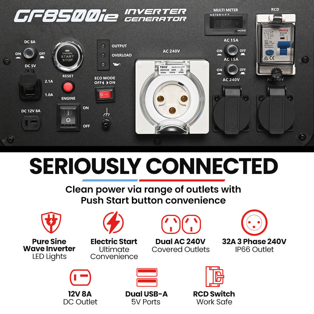 GF8500ie 8.5kW Inverter Generator Push-Button Start Portable 20L Tank