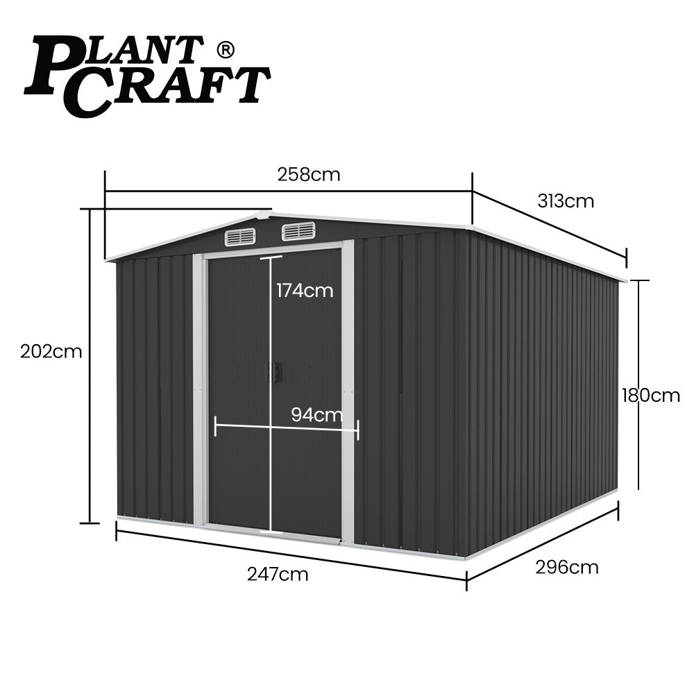PlantCraft 2.58 x 3.13m Galvanised Steel Garden Shed Black Gable Roof