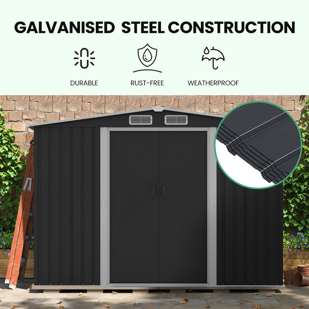 PlantCraft 2.58 x 3.13m Galvanised Steel Garden Shed Black Gable Roof