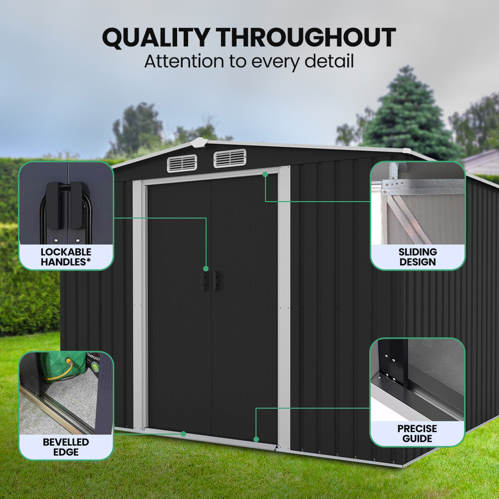 PlantCraft 2.58 x 3.13m Galvanised Steel Garden Shed Black Gable Roof