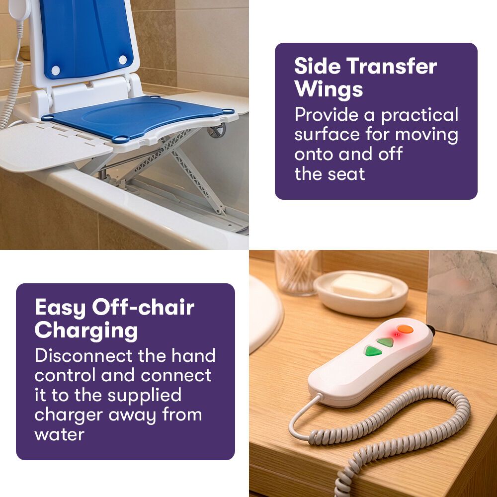 EQUIPMED Motorised Bath Lift Chair, Electric Battery Operated Reclining Seat, Bathing for Elderly & Disabled, 136kg Capacity Blue
