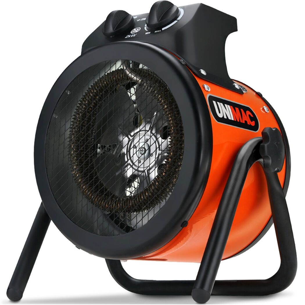 UNIMAC 2kW Industrial Electric Space Fan Heater, 10A, Adjustable Thermostat, Tilt Angle, Fast Heating, 2 Heat Settings, Portable for Workshop and Garage Use