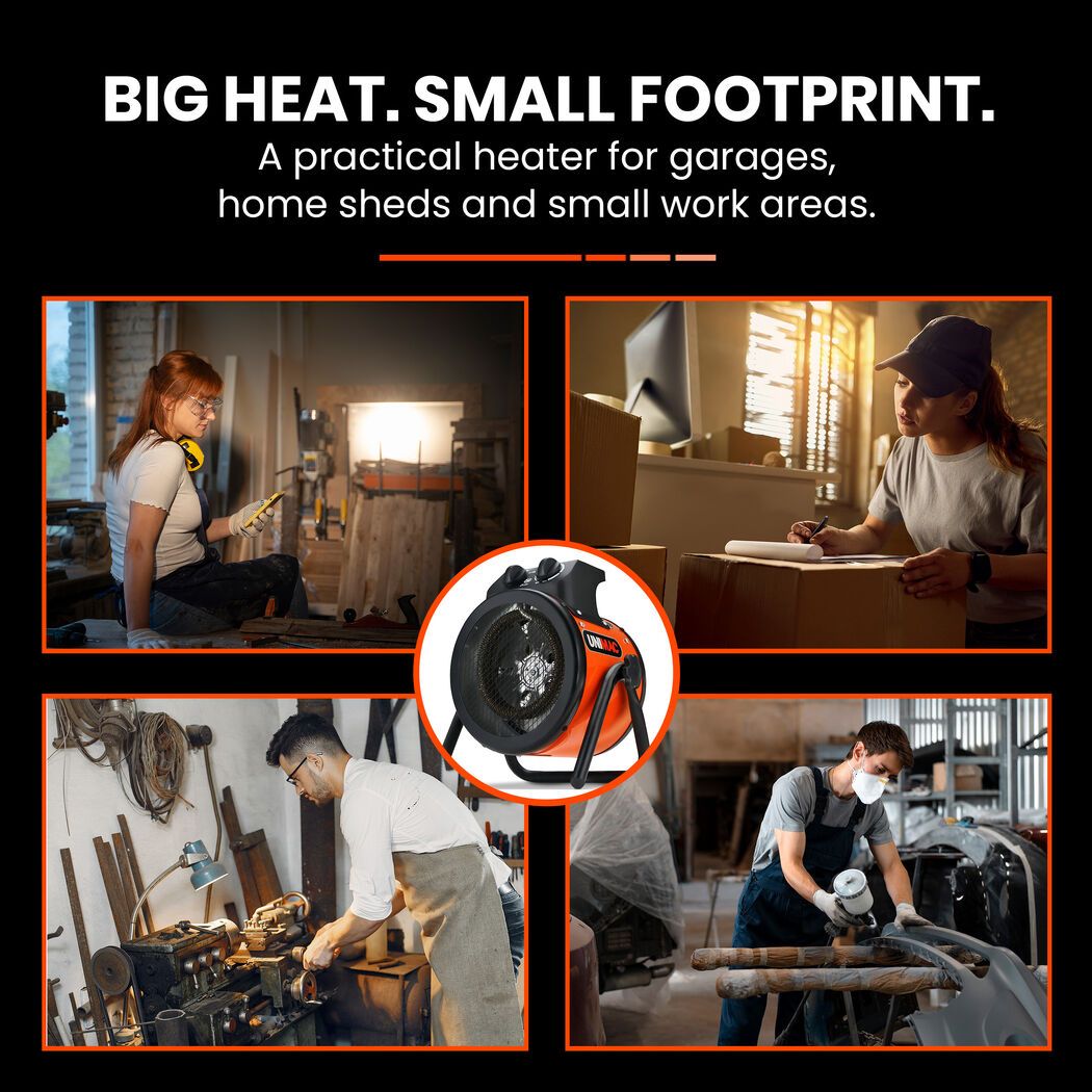 UNIMAC 2kW Industrial Electric Space Fan Heater, 10A, Adjustable Thermostat, Tilt Angle, Fast Heating, 2 Heat Settings, Portable for Workshop and Garage Use
