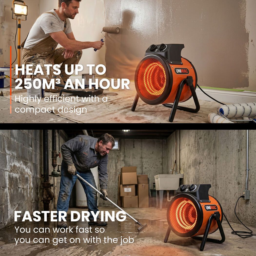 UNIMAC 2kW Industrial Electric Space Fan Heater, 10A, Adjustable Thermostat, Tilt Angle, Fast Heating, 2 Heat Settings, Portable for Workshop and Garage Use