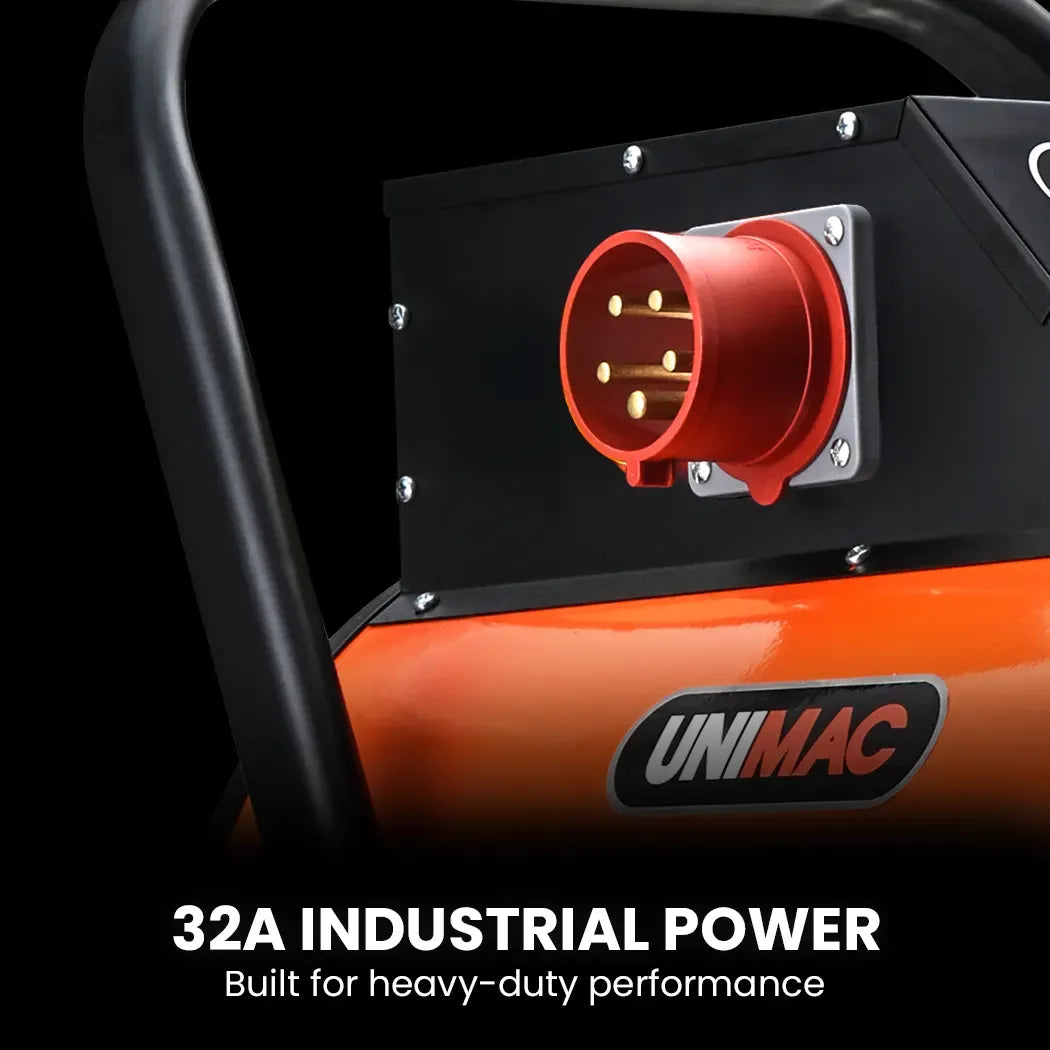UNIMAC 15kW Portable Industrial Electric Space Fan Heater, 32A 3 Phase, Wheel Mounted, Adjustable Thermostat, High Power for Workshop and Warehouse Use
