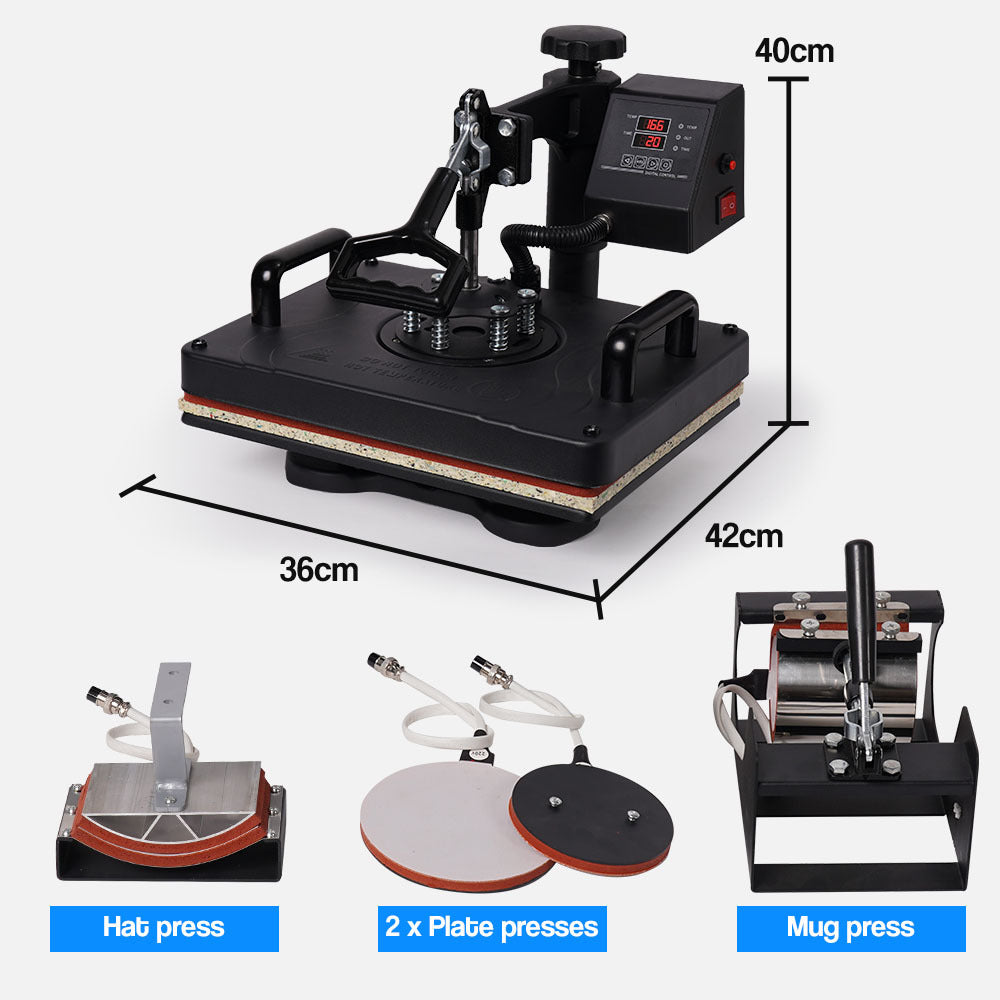 THERMOMATE 38x29cm 5-in-1 Heat Press Machine T-Shirt Mug Cap Plate