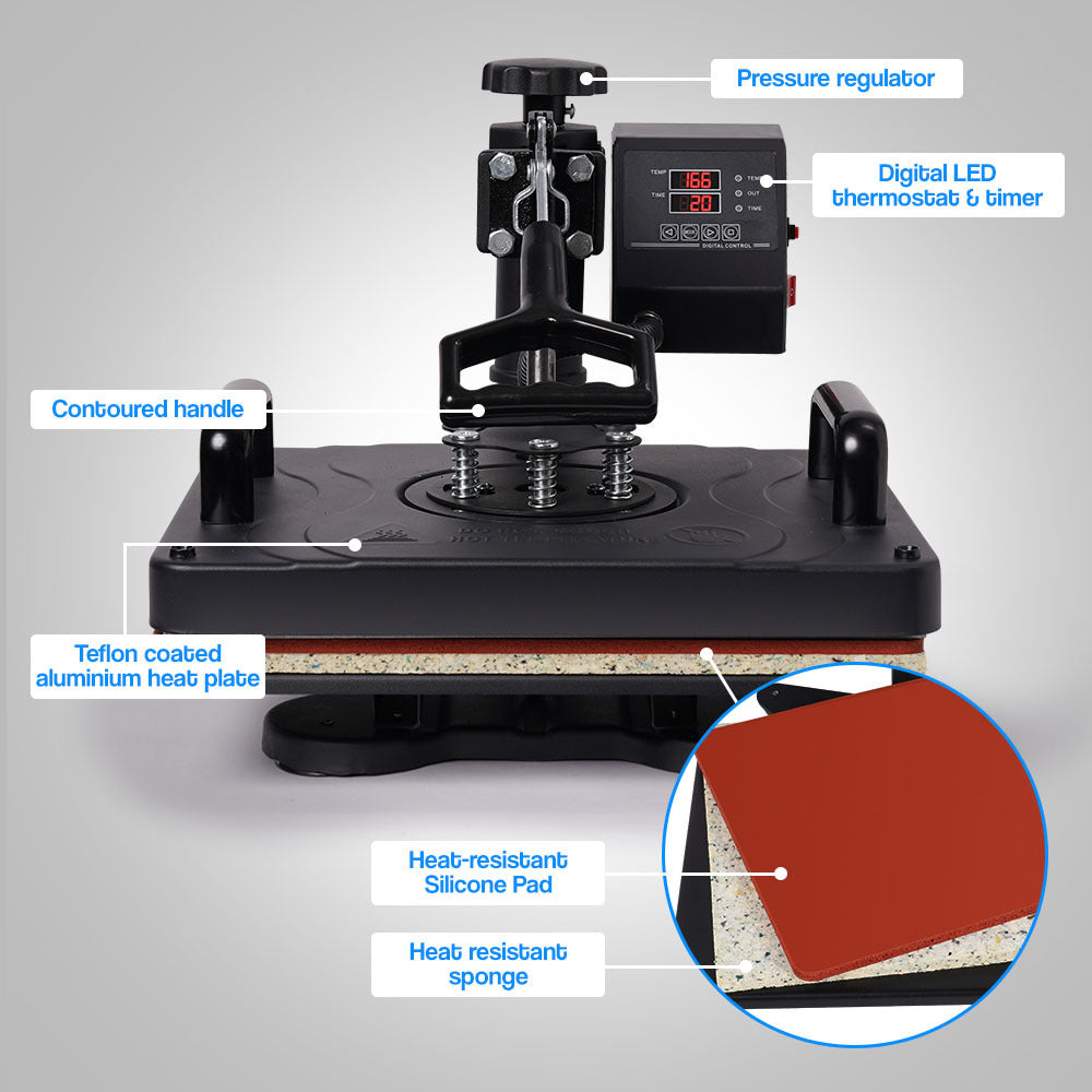 THERMOMATE 38x29cm 5-in-1 Heat Press Machine T-Shirt Mug Cap Plate