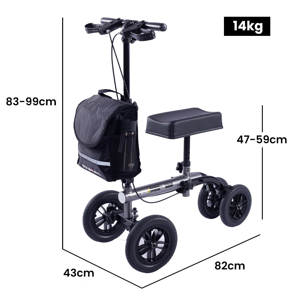 EQUIPMED Knee Scooter Walker, 10 inch Tyres Dual Brakes Bag - Broken Leg Ankle Foot Mobility - Crutches Alternative - Titanium colour