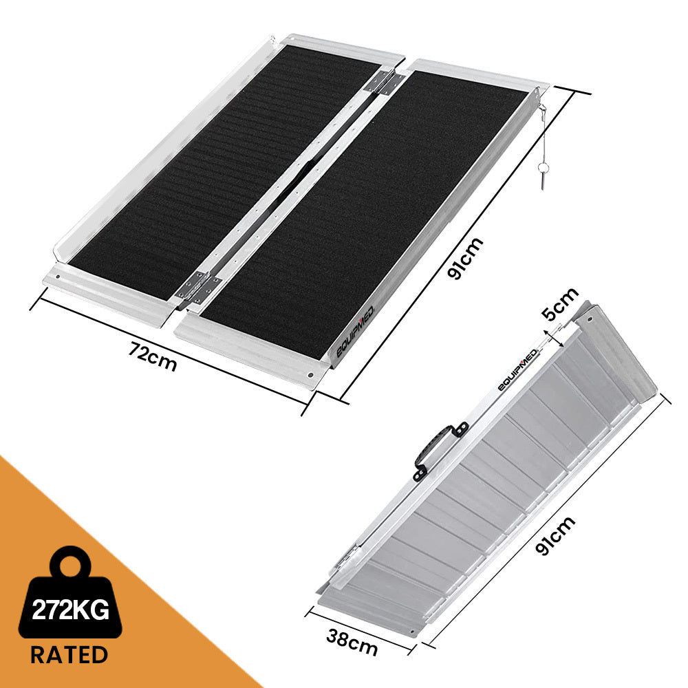 EQUIPMED 91cm Portable Folding Aluminium Access Ramp, 272kg Rated, Black Ultra-Grip, for Wheelchair, Mobility Scooter