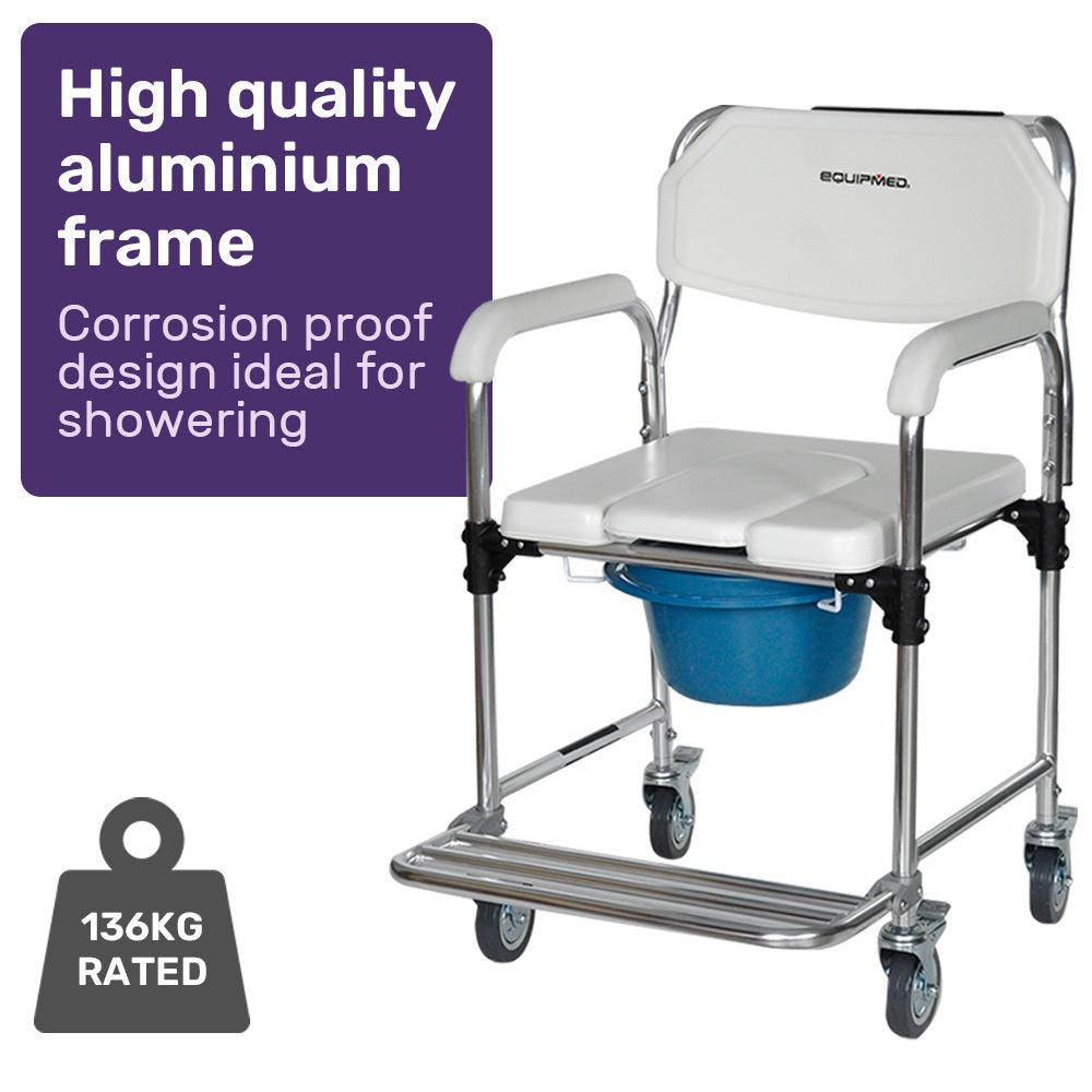 Equipmed Aluminium Commode Shower Chair 136kg Capacity White/Blue