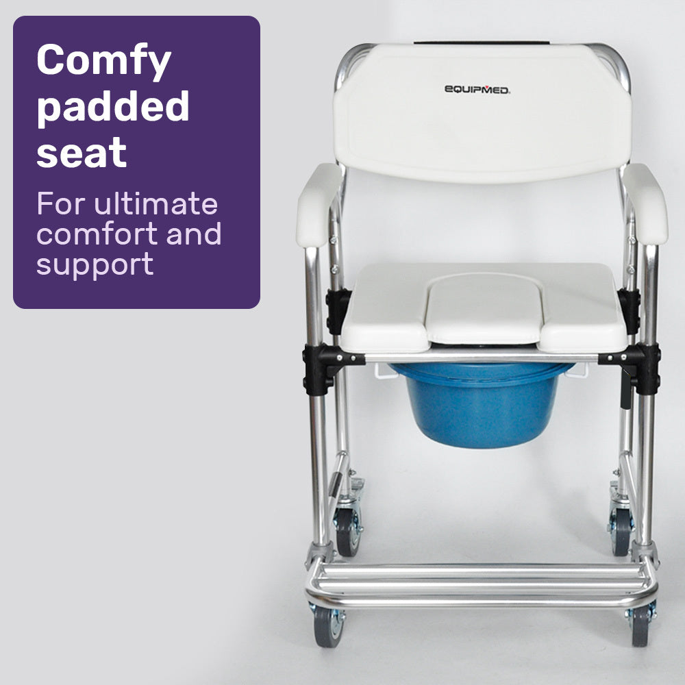 Equipmed Aluminium Commode Shower Chair 136kg Capacity White/Blue