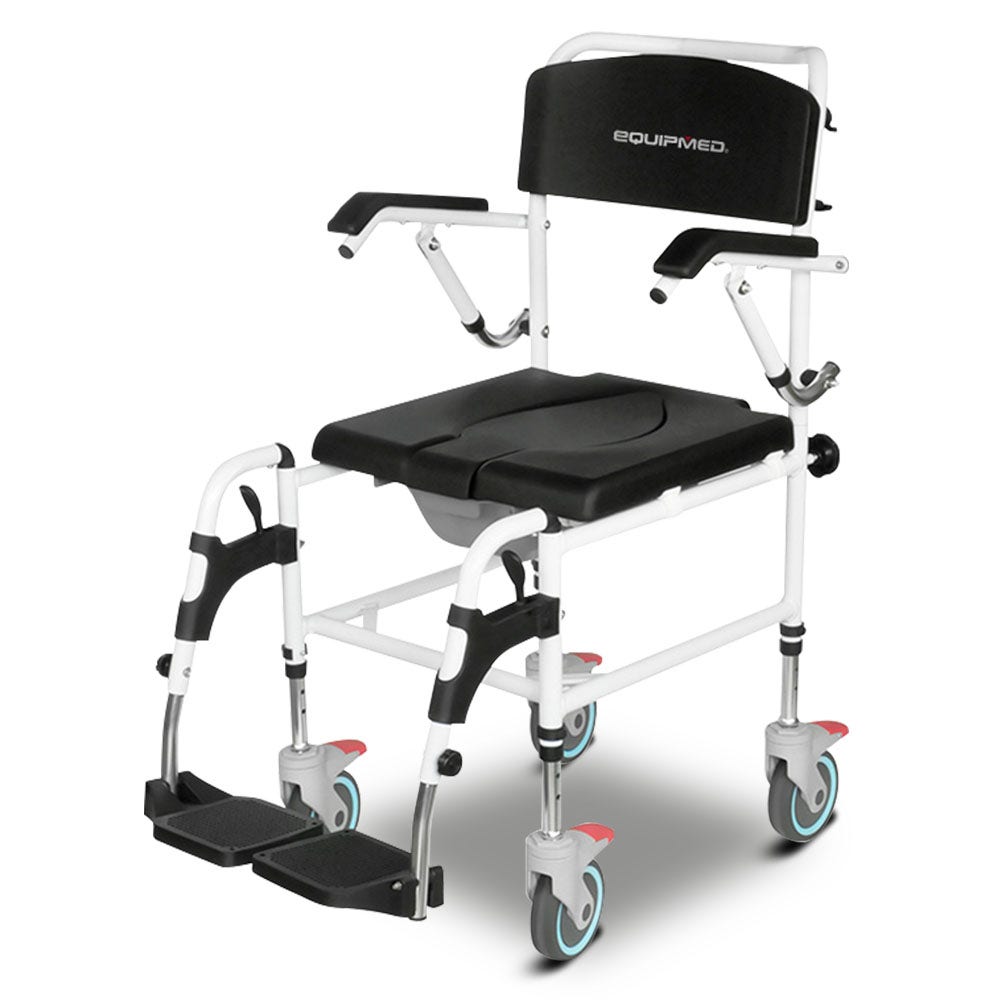 Equipmed Aluminium Commode Shower Chair with Wheels Black 136kg Capacity