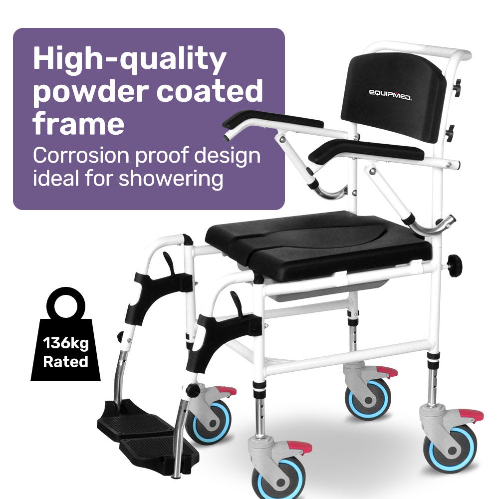 Equipmed Aluminium Commode Shower Chair with Wheels Black 136kg Capacity