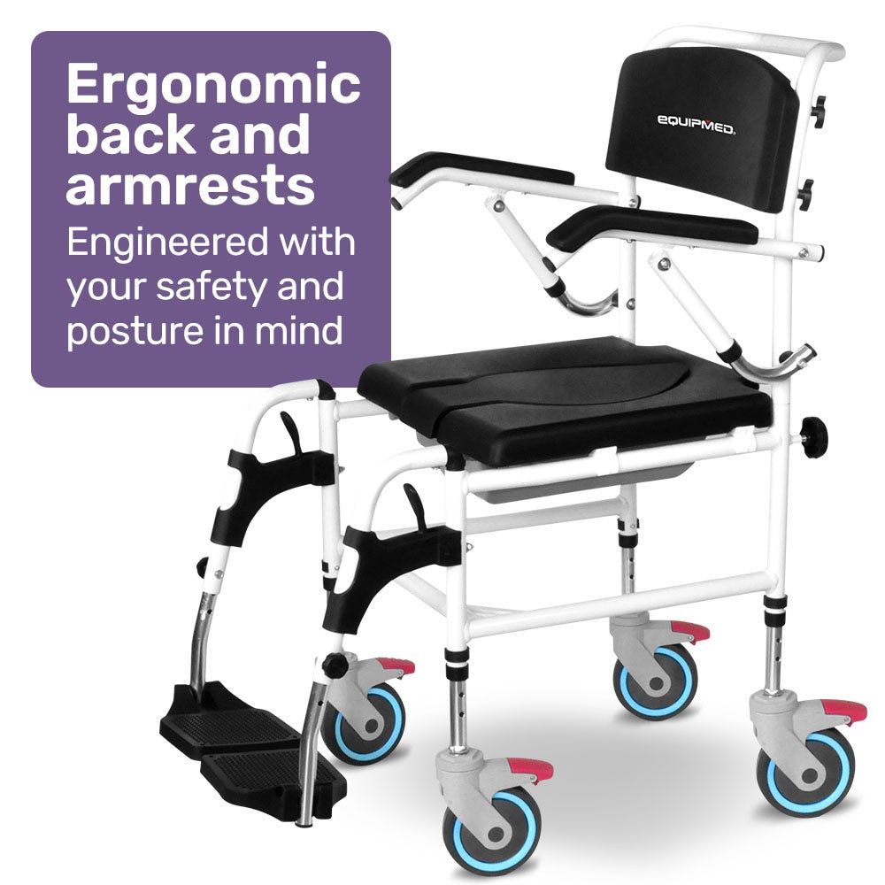 Equipmed Aluminium Commode Shower Chair with Wheels Black 136kg Capacity