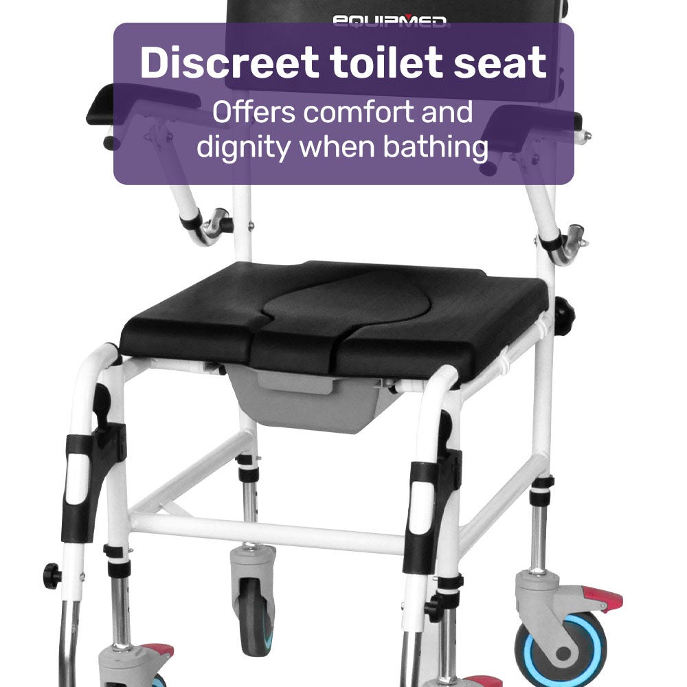 Equipmed Aluminium Commode Shower Chair with Wheels Black 136kg Capacity