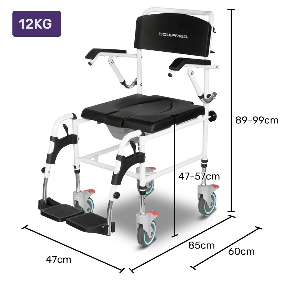 Equipmed Aluminium Commode Shower Chair with Wheels Black 136kg Capacity