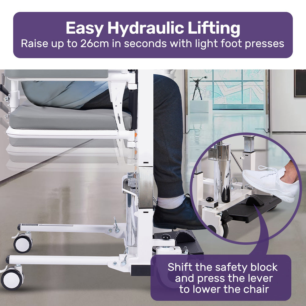 Equipmed Hydraulic Patient Transfer Chair Shower Commode White