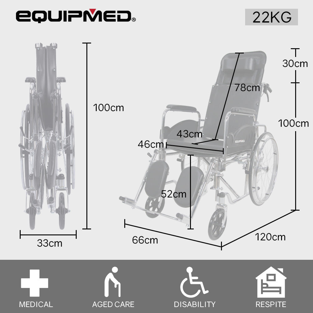 SmartRide Deluxe 46cm Reclining Wheelchair Self-Propelled Chrome Steel