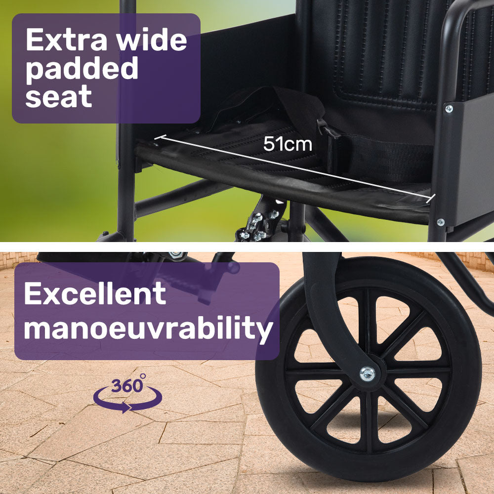 Transitline XL Folding Wheelchair Attendant Propelled Steel Frame Black