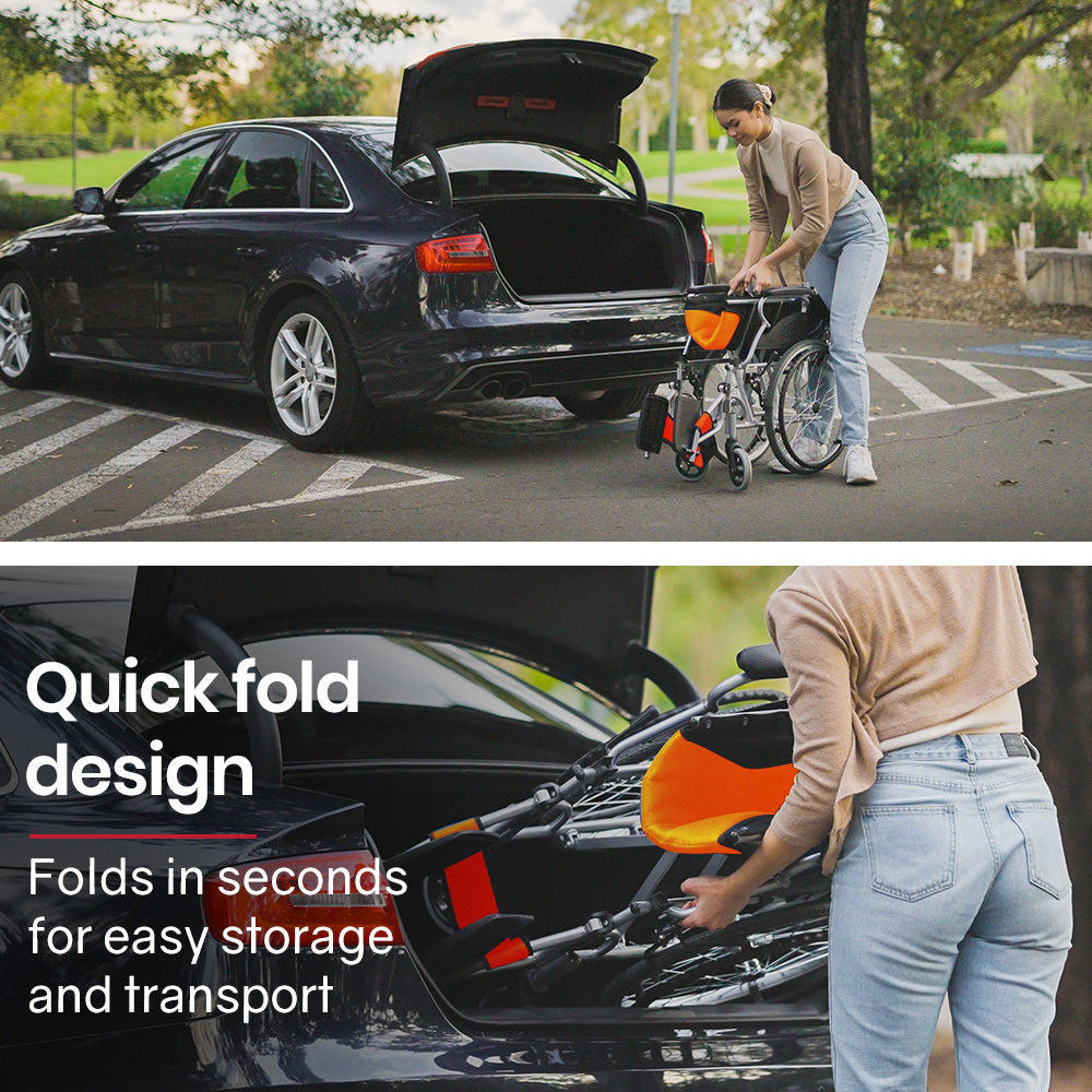 EQUIPMED Folding Aluminium Wheelchair, 20" Wheels, Park Brakes, 100kg Capacity, Orange