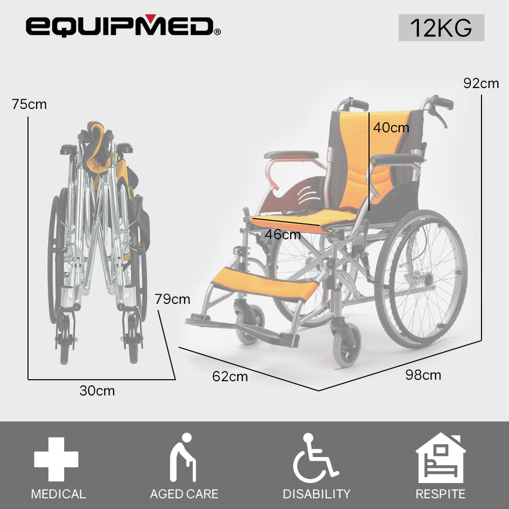 EQUIPMED Folding Aluminium Wheelchair, 20" Wheels, Park Brakes, 100kg Capacity, Orange