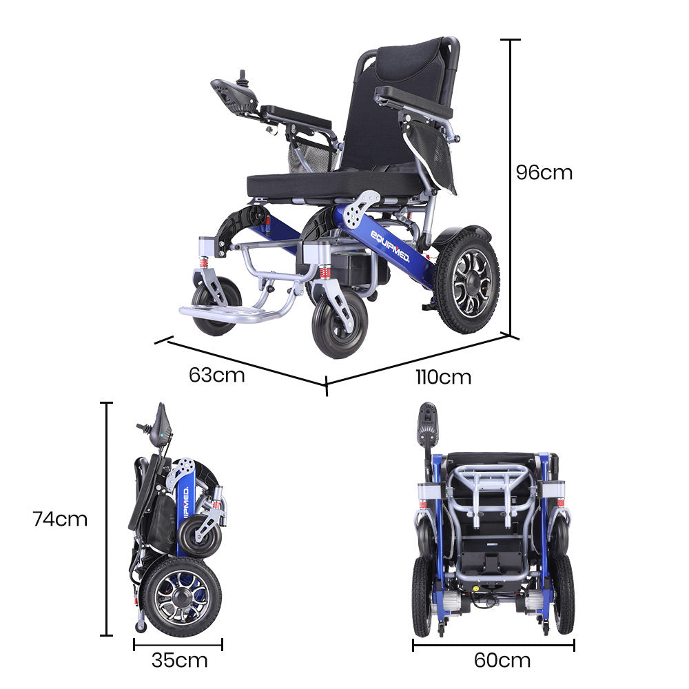 EQUIPMED Electric Folding Wheelchair Power, Long Range, Folding, Aluminium Frame, Lithium Battery, Blue