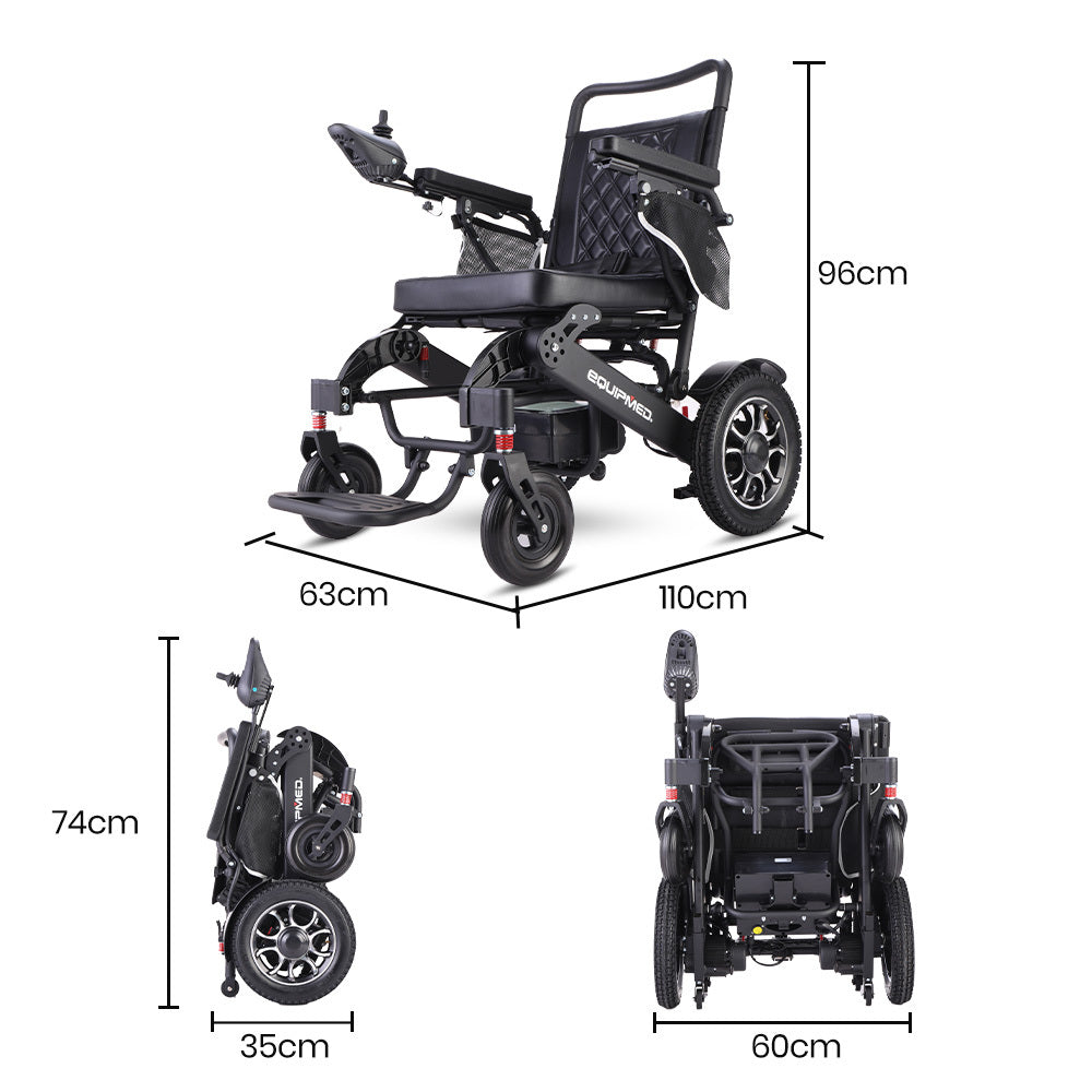 EQUIPMED Electric Folding Wheelchair, Folding, Long Range, Aluminium Frame, Lithium Battery, Black