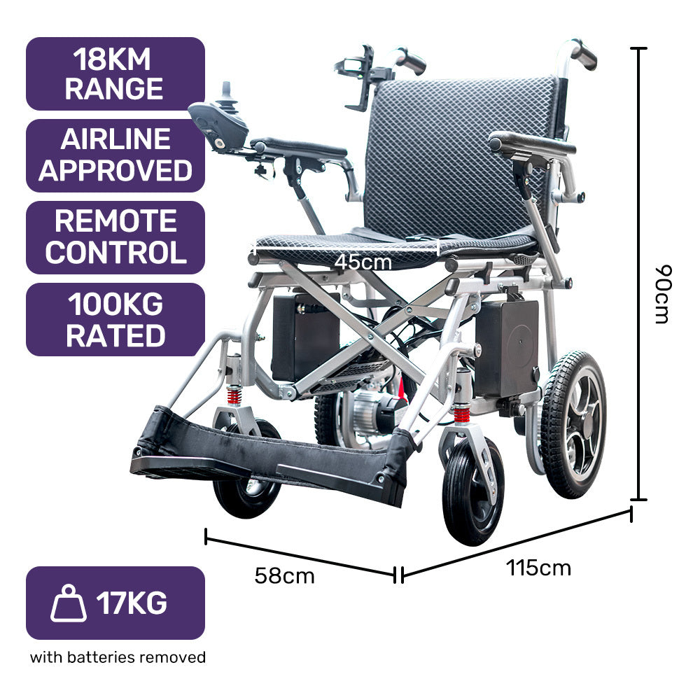 PowerCruise Transit+ Electric Wheelchair Lightweight Long Range Silver