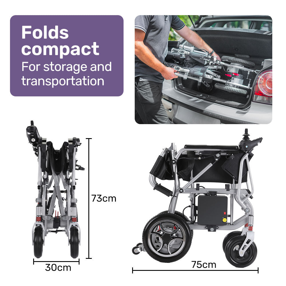 PowerCruise Transit+ Electric Wheelchair Lightweight Long Range Silver