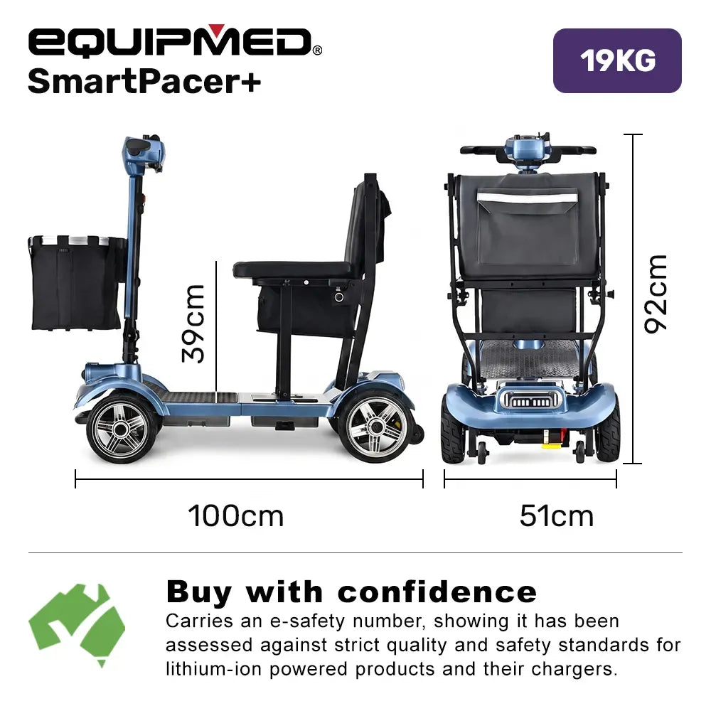EQUIPMED SmartPacer+ Ultra-Lightweight Mobility Scooter w/ Li-ion Battery, Only 19kg, Foldable, Airline Approved, 120kg Capacity, Blue