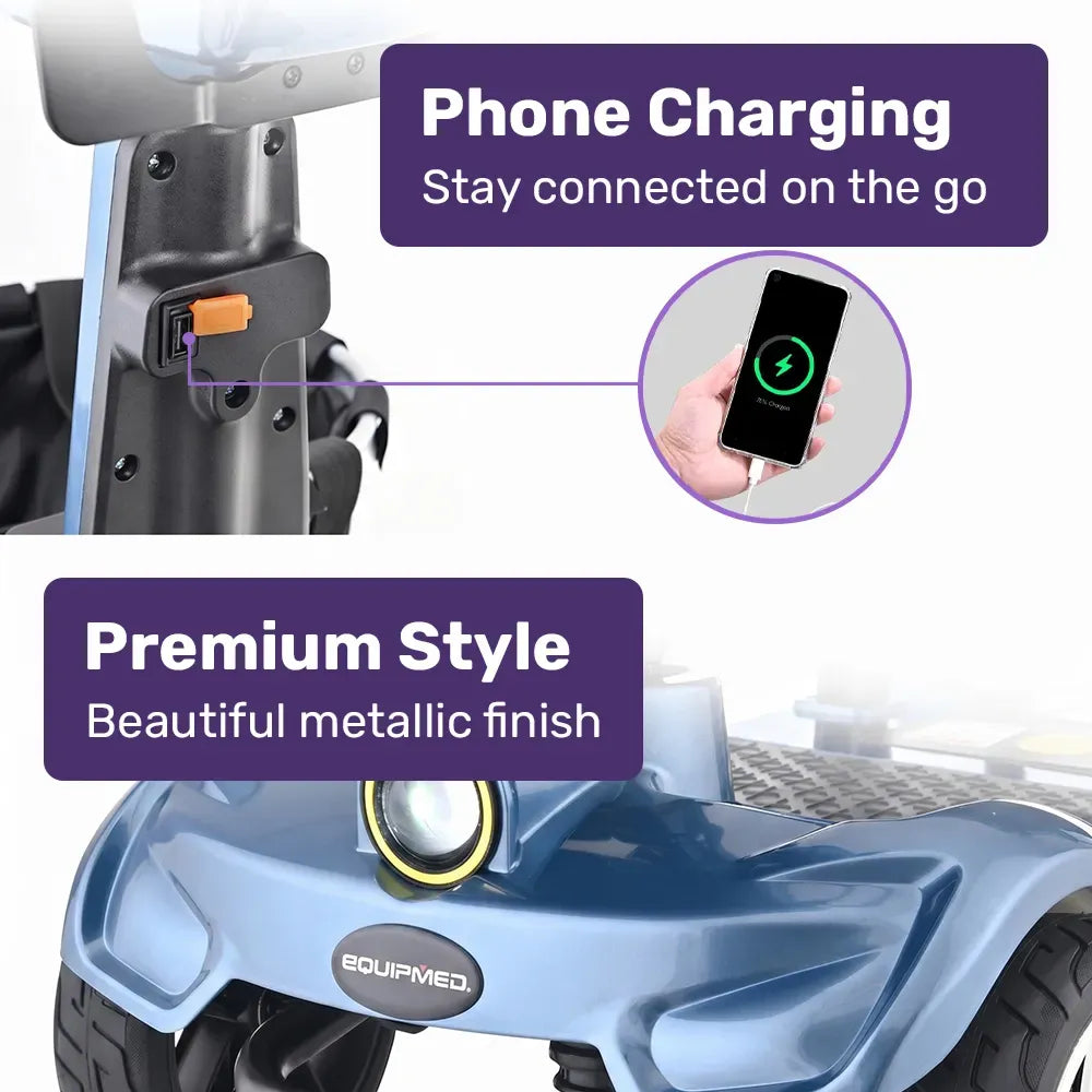EQUIPMED SmartPacer+ Ultra-Lightweight Mobility Scooter w/ Li-ion Battery, Only 19kg, Foldable, Airline Approved, 120kg Capacity, Blue