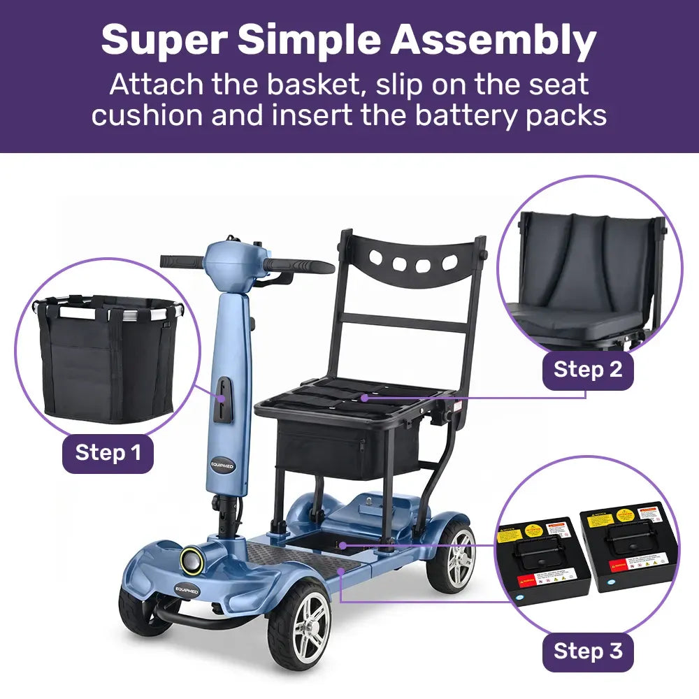 EQUIPMED SmartPacer+ Ultra-Lightweight Mobility Scooter w/ Li-ion Battery, Only 19kg, Foldable, Airline Approved, 120kg Capacity, Blue