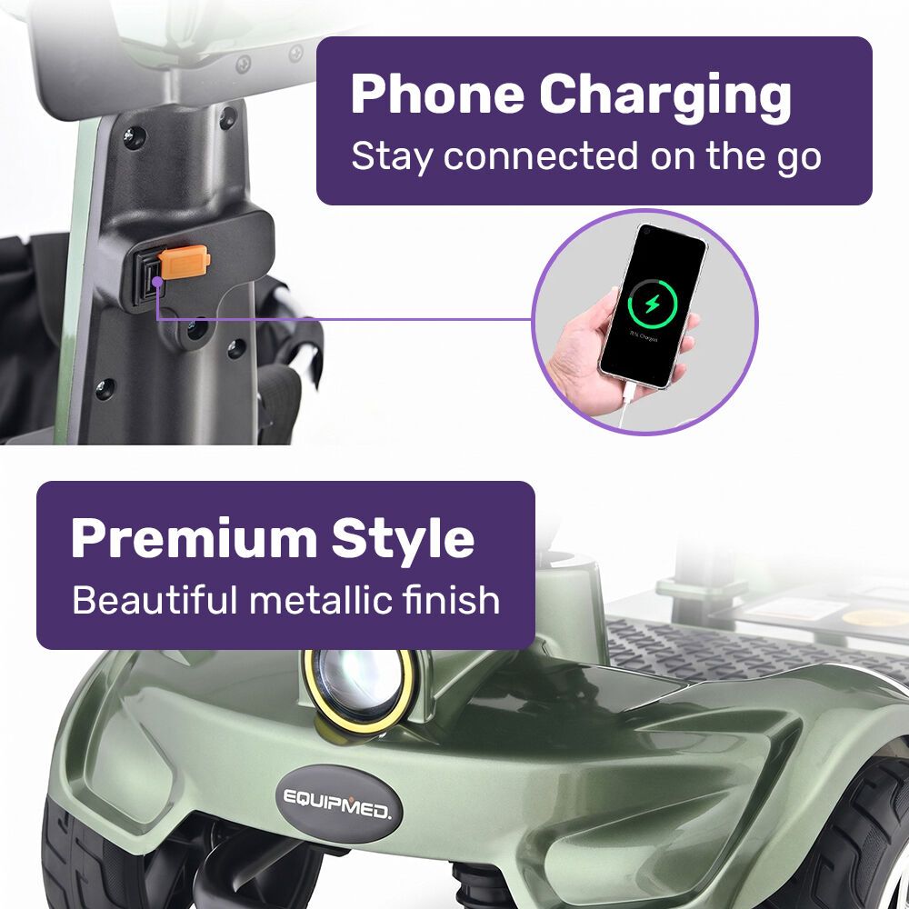 EQUIPMED SmartPacer+ Ultra-Lightweight Mobility Scooter w/ Li-ion Battery, Only 19kg, Foldable, Airline Approved, 120kg Capacity, Green
