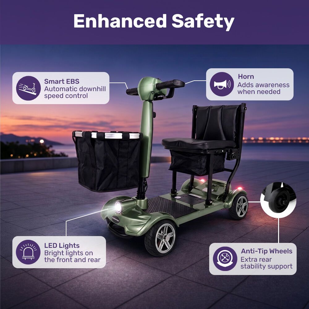 EQUIPMED SmartPacer+ Ultra-Lightweight Mobility Scooter w/ Li-ion Battery, Only 19kg, Foldable, Airline Approved, 120kg Capacity, Green