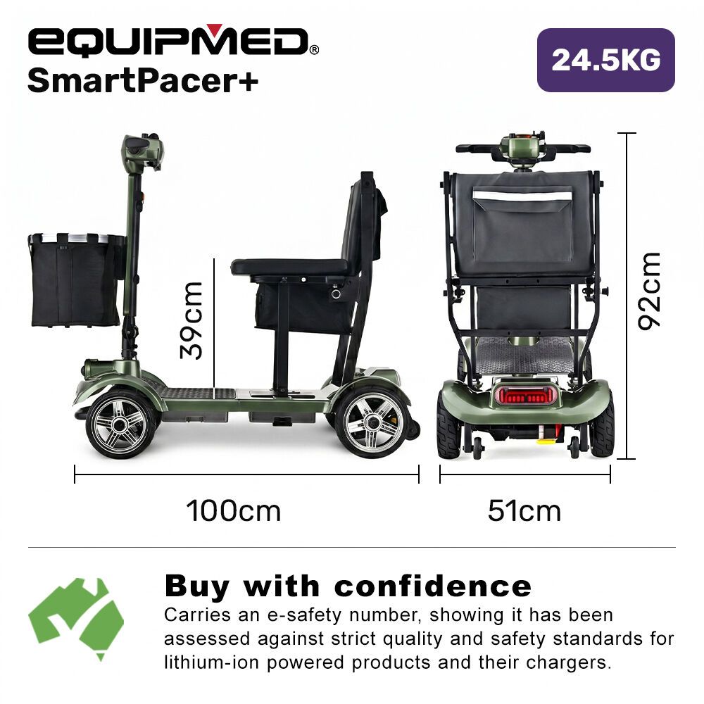 EQUIPMED SmartPacer+ Ultra-Lightweight Mobility Scooter w/ Li-ion Battery, Only 19kg, Foldable, Airline Approved, 120kg Capacity, Green