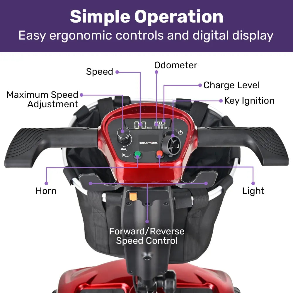 EQUIPMED ComfortCruise Large Mobility Scooter, 15km/h Top Speed, Up to 45km Range, Strong Climbing, 120kg Capacity, Red