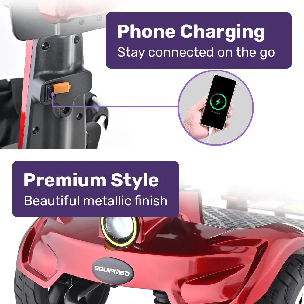 EQUIPMED ComfortCruise Large Mobility Scooter, 15km/h Top Speed, Up to 45km Range, Strong Climbing, 120kg Capacity, Red