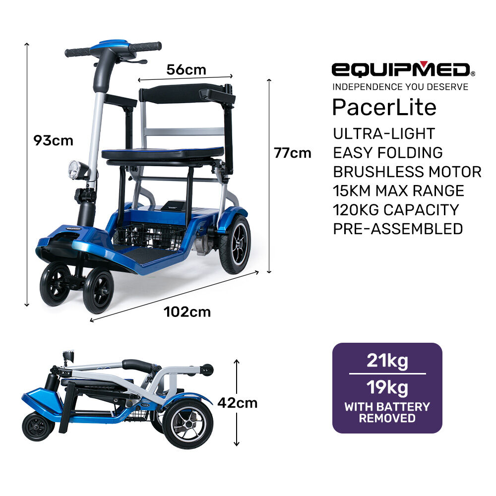 PacerLite Lightweight Folding Electric Mobility Scooter 19kg Blue