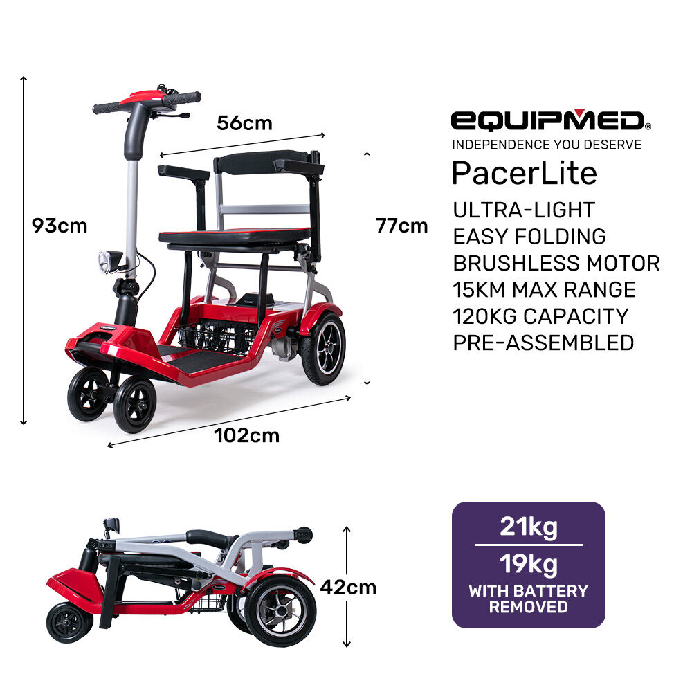 PacerLite 19kg Folding Electric Mobility Scooter Red