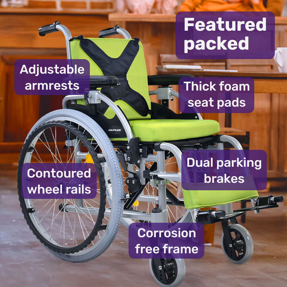 Premium Kids Wheelchair 22" Lightweight Aluminium Green