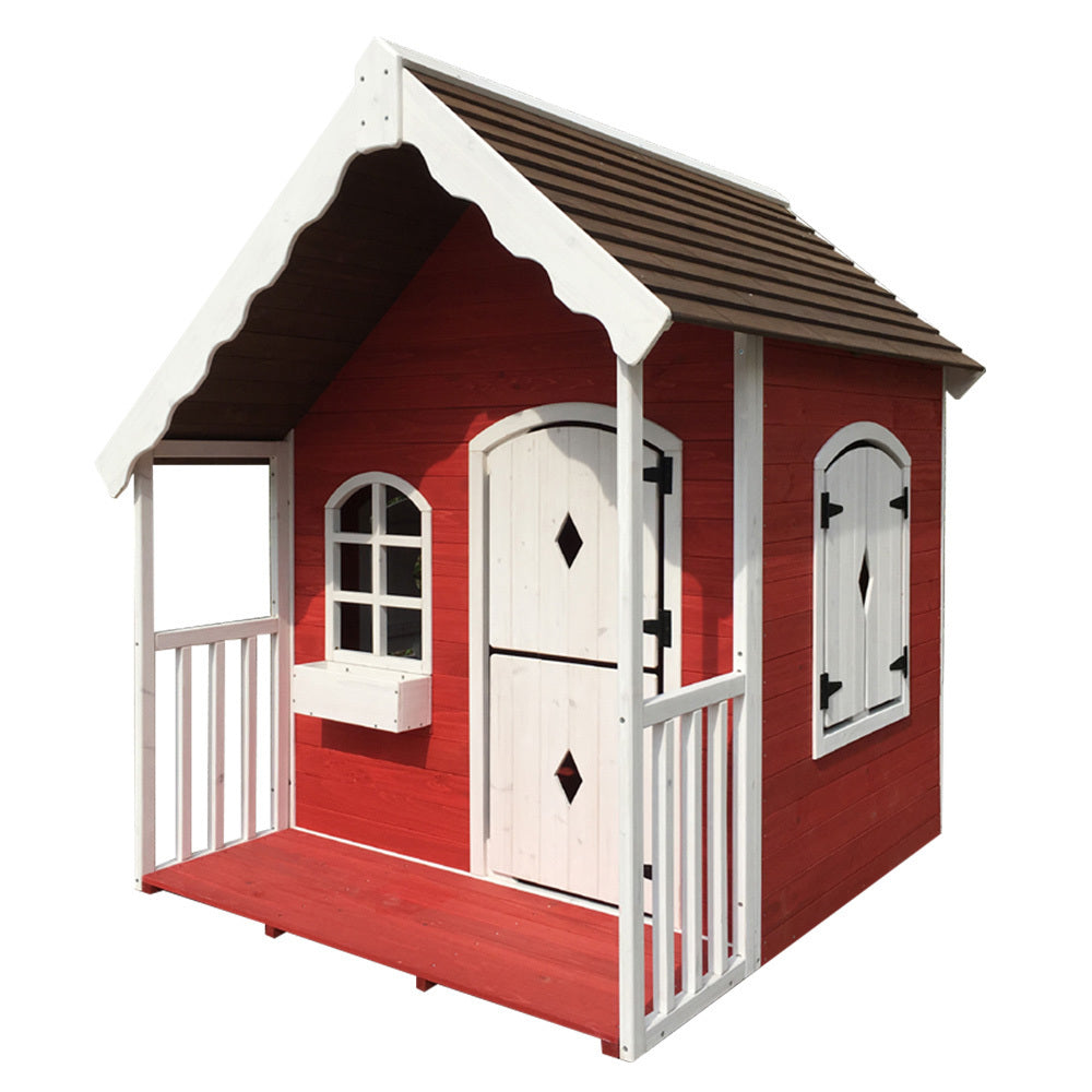 Wooden Cottage Cubby House, Red, Fir Wood, 3+, Rovo Kids