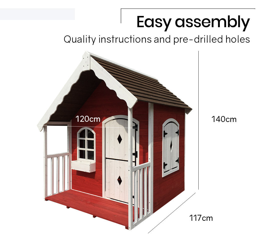 Wooden Cottage Cubby House, Red, Fir Wood, 3+, Rovo Kids