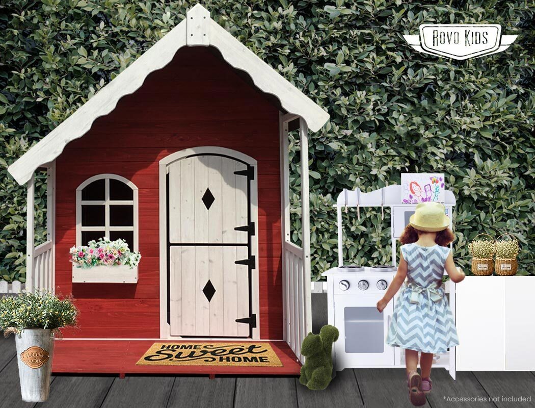 Wooden Cottage Cubby House, Red, Fir Wood, 3+, Rovo Kids