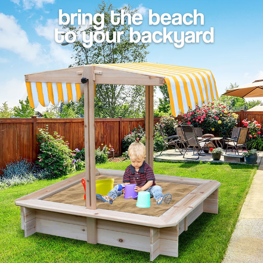 Adjustable UV-Resistant Wooden Sandpit with Canopy - Rovo Kids