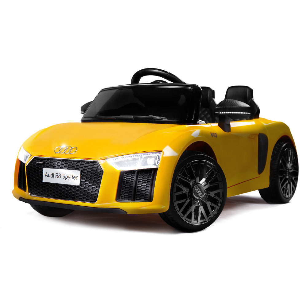 Yellow Remote-Control Ride-On Car, Audi R8 Spyder, 12V, 25W Motors