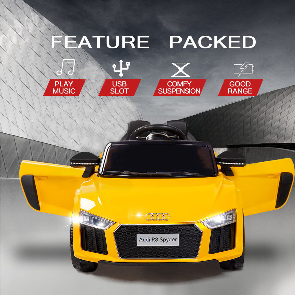 Yellow Remote-Control Ride-On Car, Audi R8 Spyder, 12V, 25W Motors